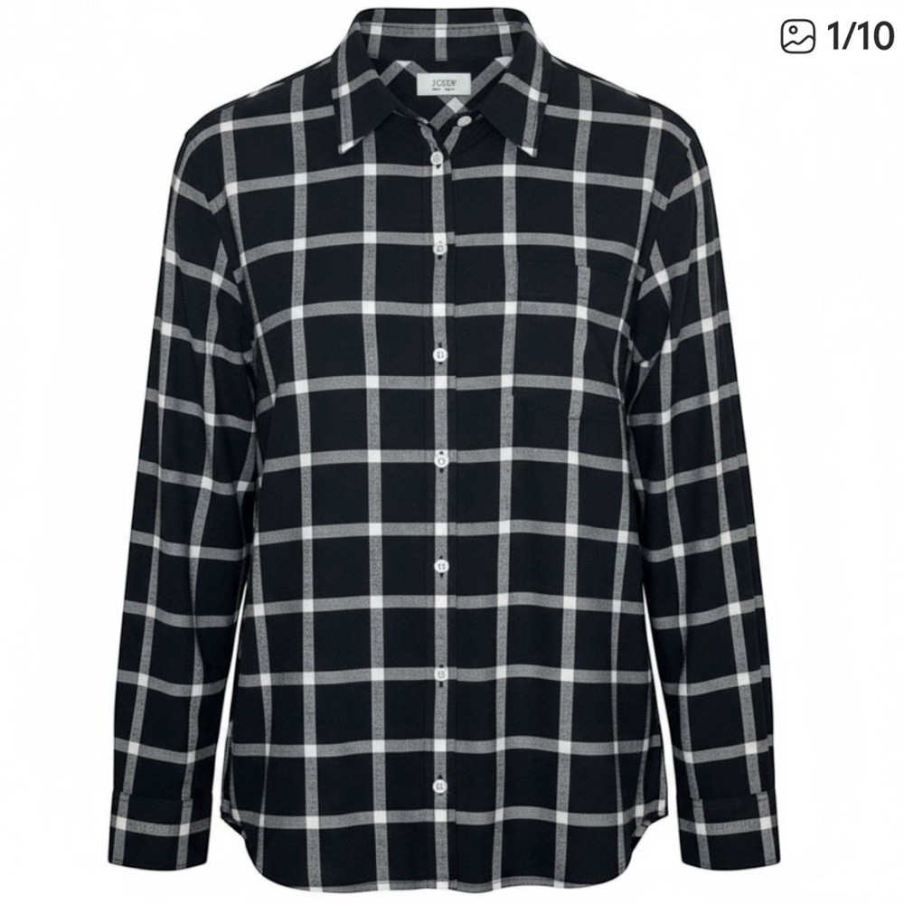 JCrew FLANNEL SHIRT Woman's Plus 2X Cotton Black Ivory Plaid Relaxed Like New